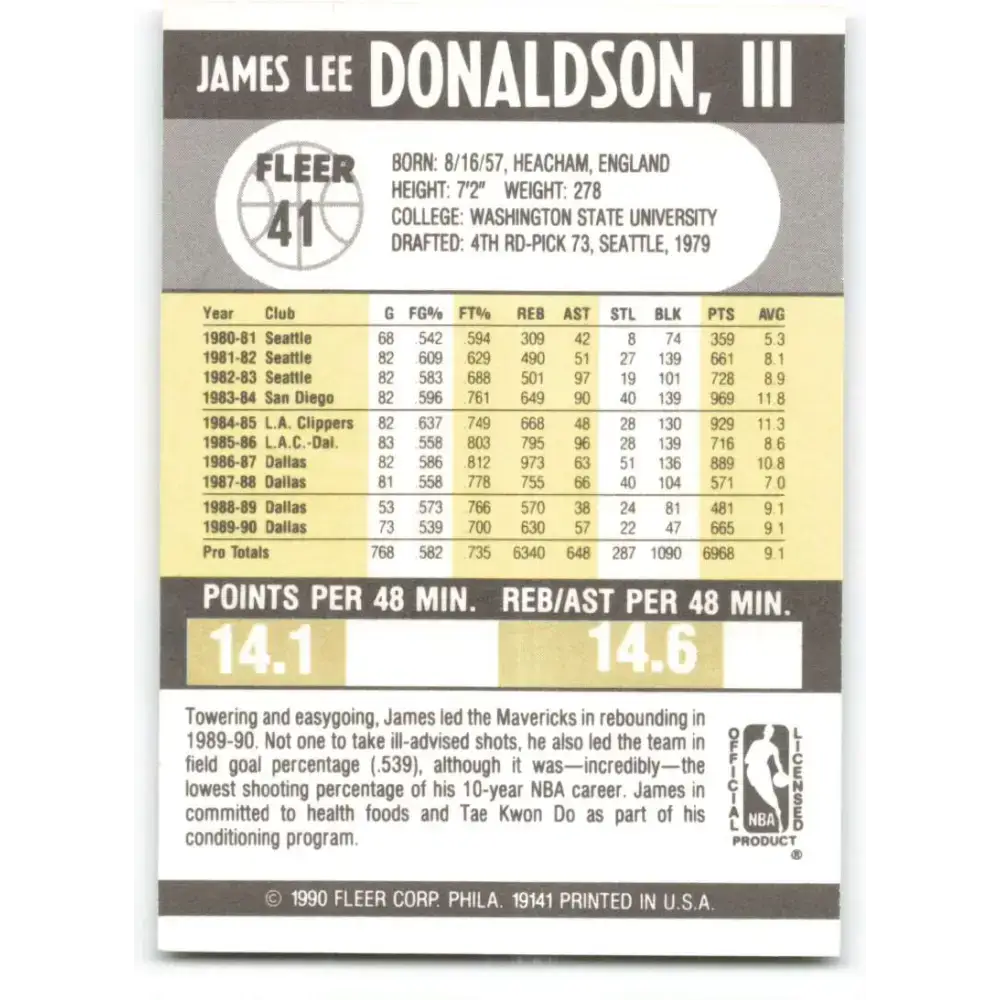 1990-91 Fleer #41 James Donaldson EX Excellent Dallas Mavericks Basketball Card - Basketball Card Single