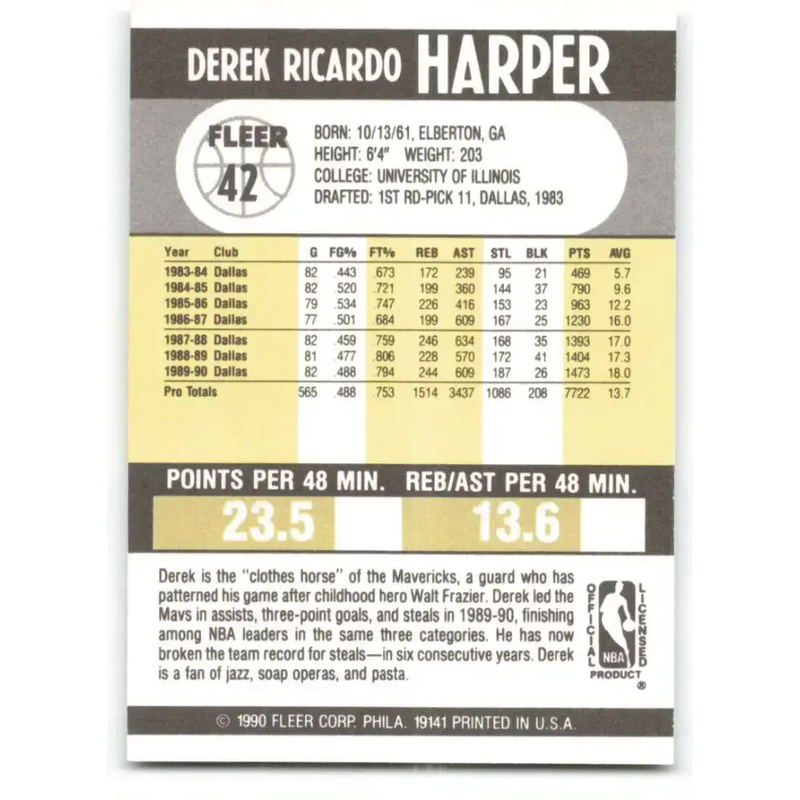 1990-91 Fleer #42 Derek Harper EX Excellent Dallas Mavericks Basketball Card - Basketball Card Single
