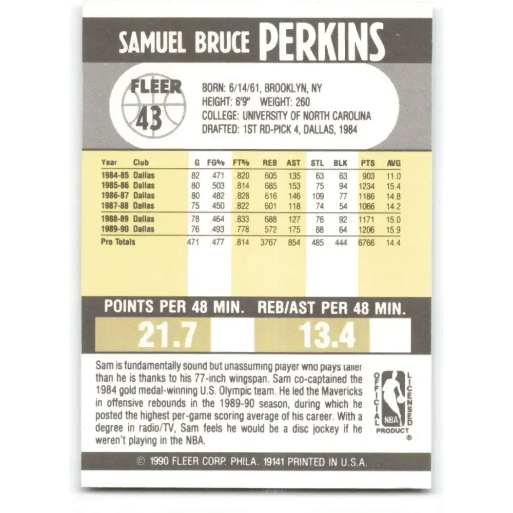 1990-91 Fleer #43 Sam Perkins EX Excellent Dallas Mavericks Basketball Card - Basketball Card Single