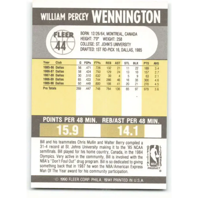 1990-91 Fleer #44 Bill Wennington EX Excellent Dallas Mavericks Basketball Card - Basketball Card Single