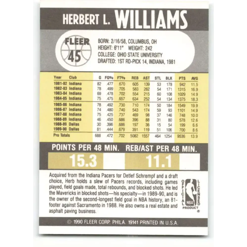 1990-91 Fleer #45 Herb Williams EX Excellent Dallas Mavericks Basketball Card - Basketball Card Single
