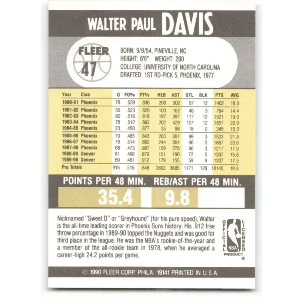 1990-91 Fleer #47 Walter Davis EX Excellent Denver Nuggets Basketball Card - Basketball Card Single