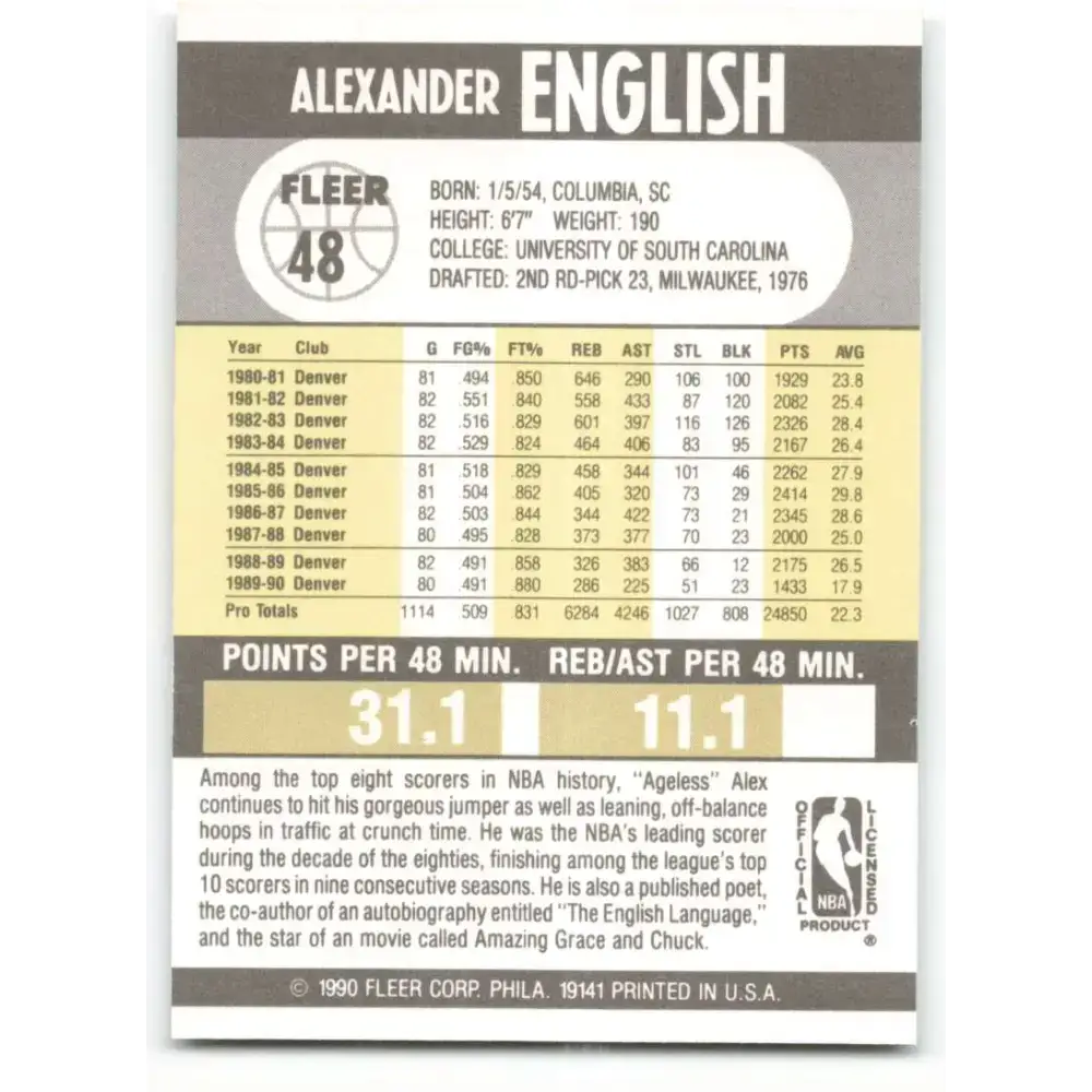 1990-91 Fleer #48 Alex English EX Excellent Denver Nuggets Basketball Card - Basketball Card Single