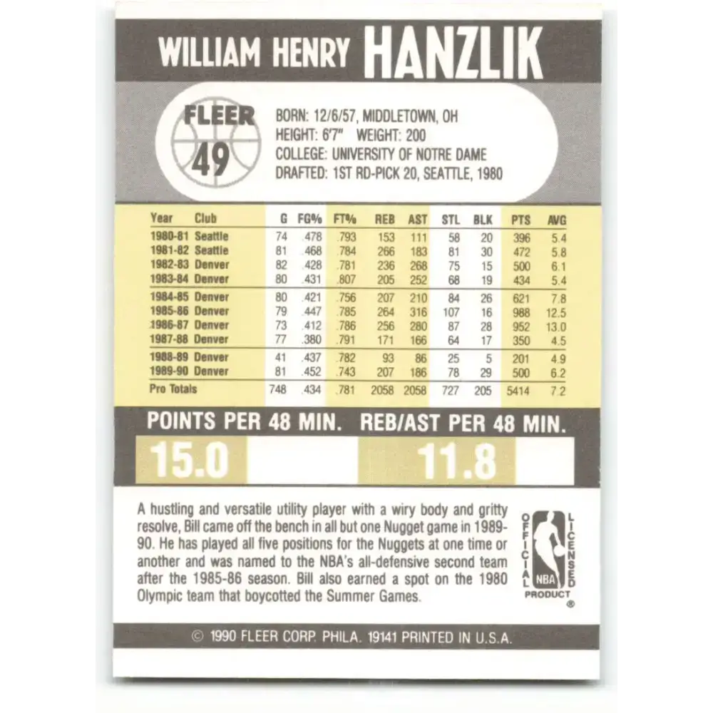 1990-91 Fleer #49 Bill Hanzlik EX Excellent Denver Nuggets Basketball Card - Basketball Card Single