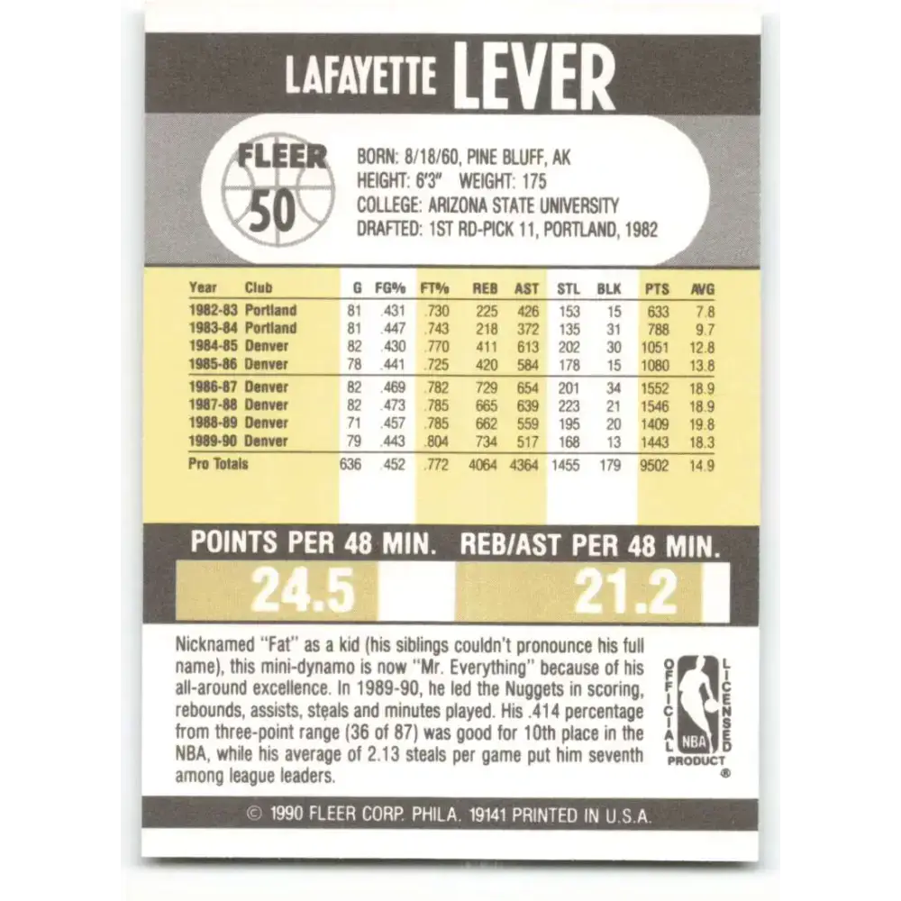 1990-91 Fleer #50 Lafayette Lever EX Excellent Dallas Mavericks Basketball Card - Basketball Card Single