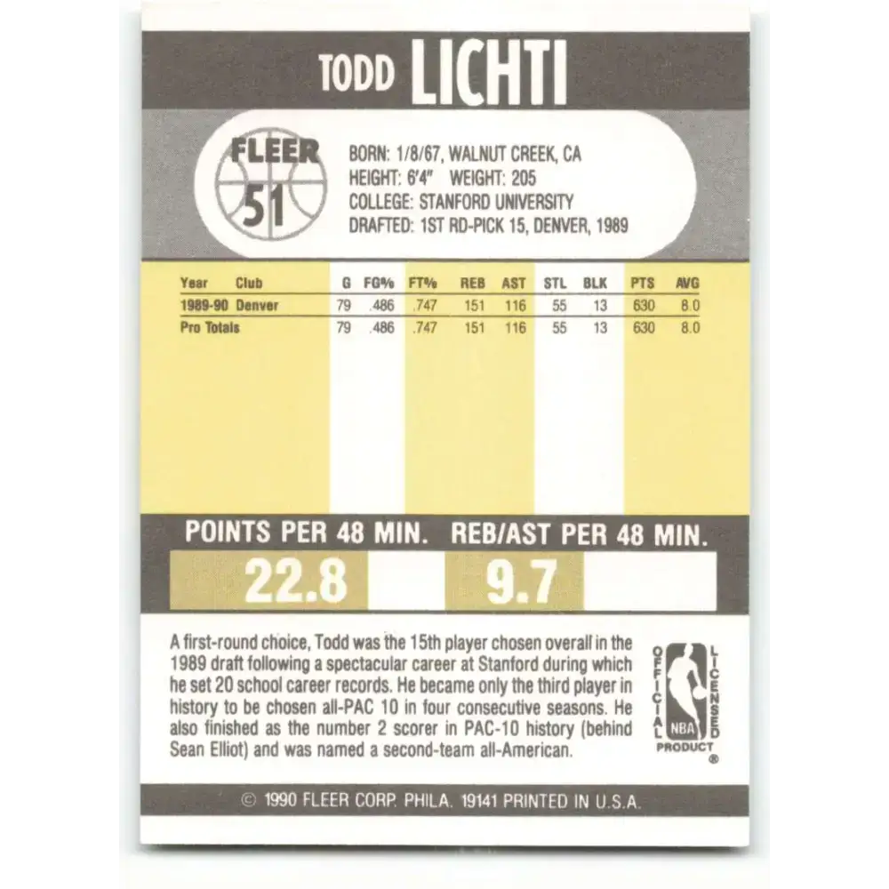1990-91 Fleer #51 Todd Lichti EX Excellent RC Rookie Denver Nuggets Basketball Card - Basketball Card Single