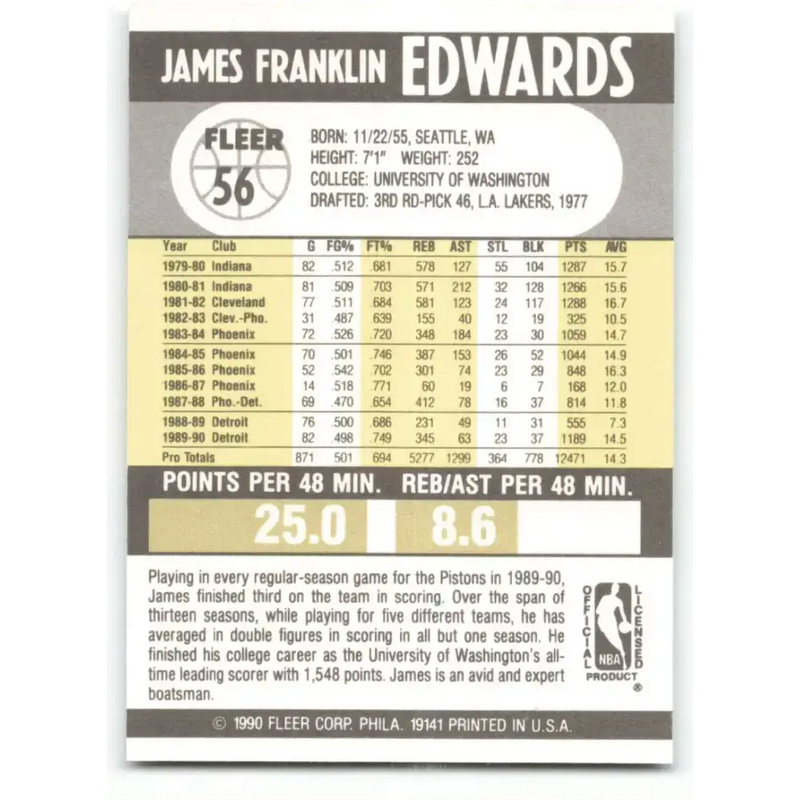 1990-91 Fleer #56 James Edwards EX Excellent Detroit Pistons Basketball Card - Basketball Card Single
