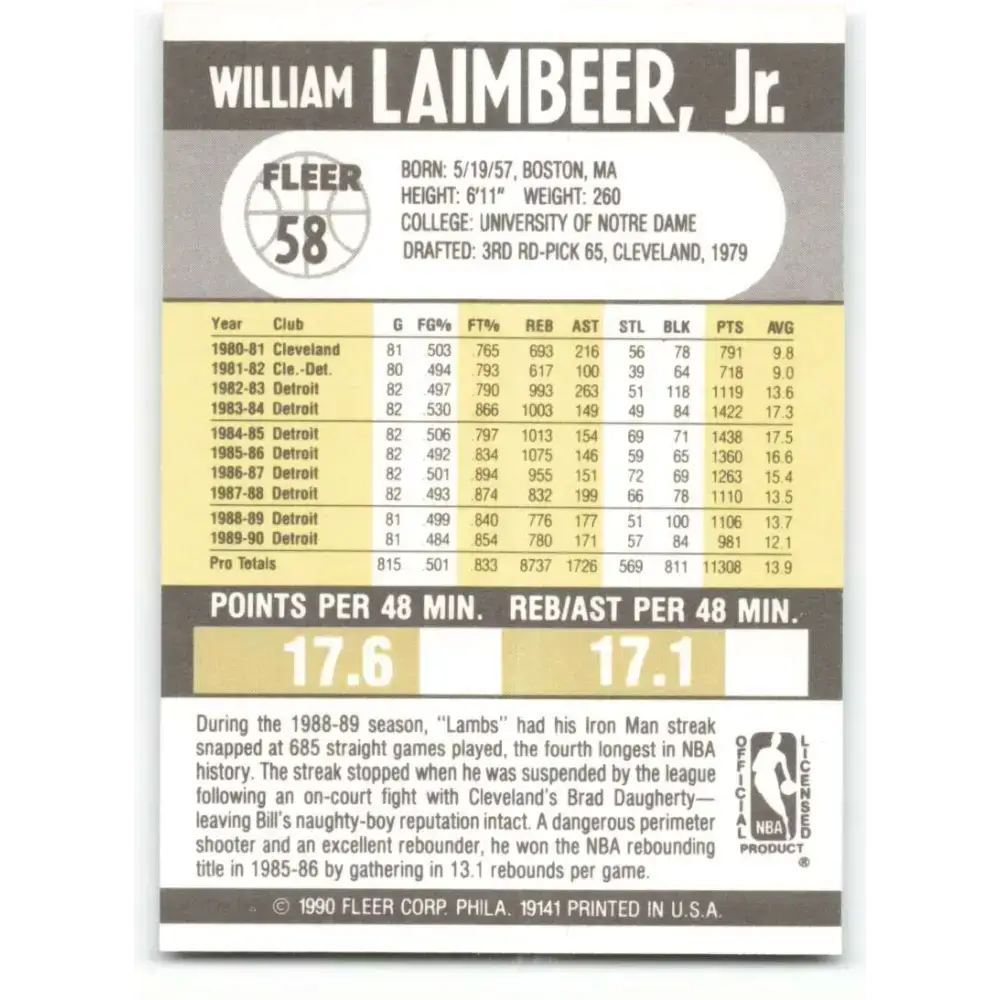 1990-91 Fleer #58 Bill Laimbeer EX Excellent Detroit Pistons Basketball Card - Basketball Card Single
