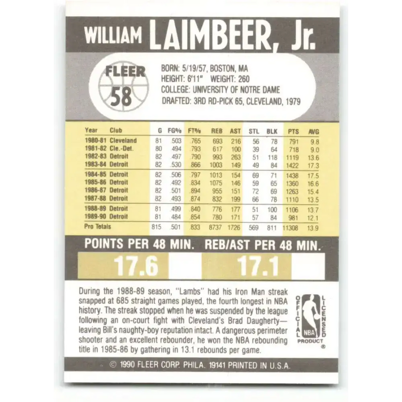 1990-91 Fleer #58 Bill Laimbeer EX Excellent Detroit Pistons Basketball Card - Basketball Card Single