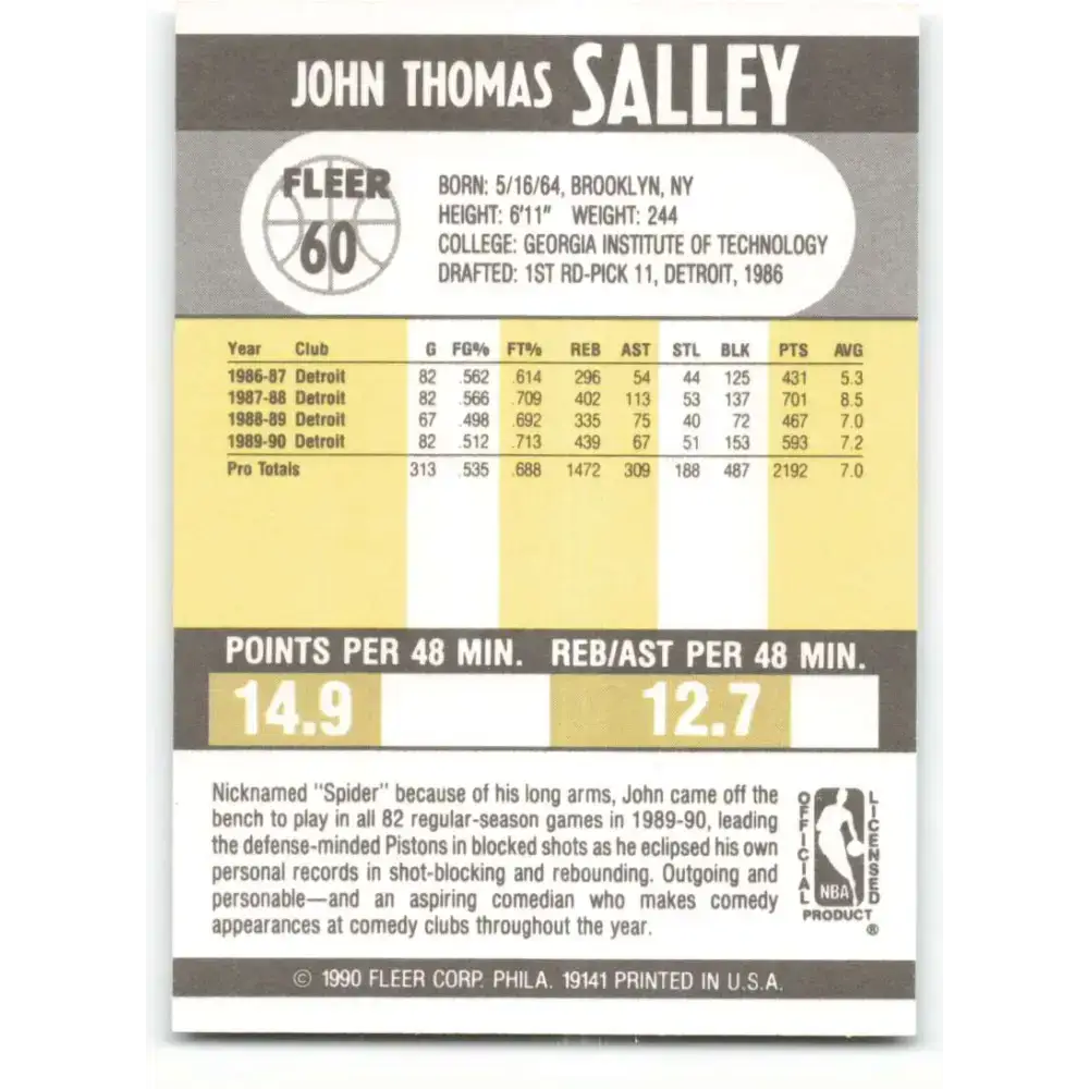 1990-91 Fleer #60 John Salley EX Excellent Detroit Pistons Basketball Card - Basketball Card Single