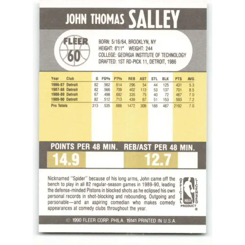 1990-91 Fleer #60 John Salley EX Excellent Detroit Pistons Basketball Card - Basketball Card Single