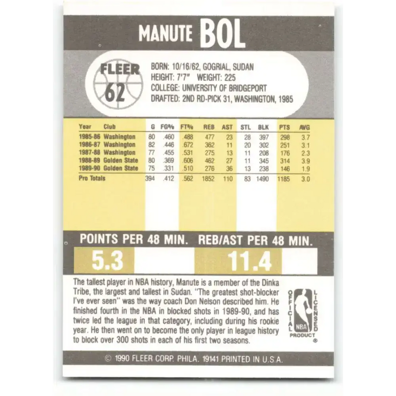 1990-91 Fleer #62 Manute Bol EX Excellent Golden State Warriors Basketball Card - Basketball Card Single