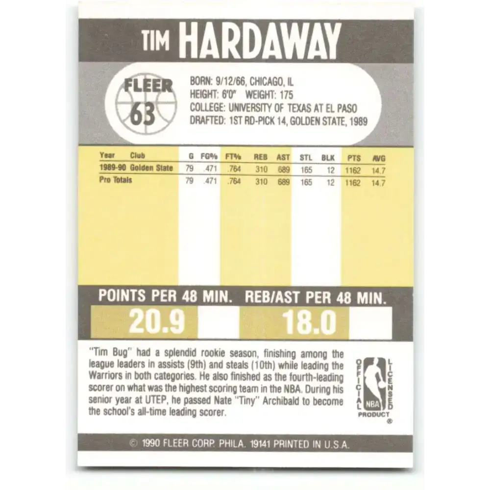 1990-91 Fleer #63 Tim Hardaway EX Excellent RC Rookie Golden State Warriors Basketball Card - Basketball Card Single