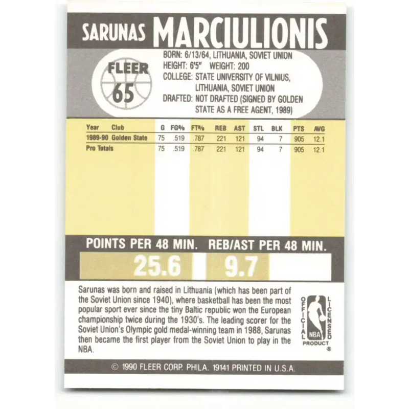 1990-91 Fleer #65 Sarunas Marciulionis EX Excellent RC Rookie Golden State Warriors Basketball Card - Basketball Card