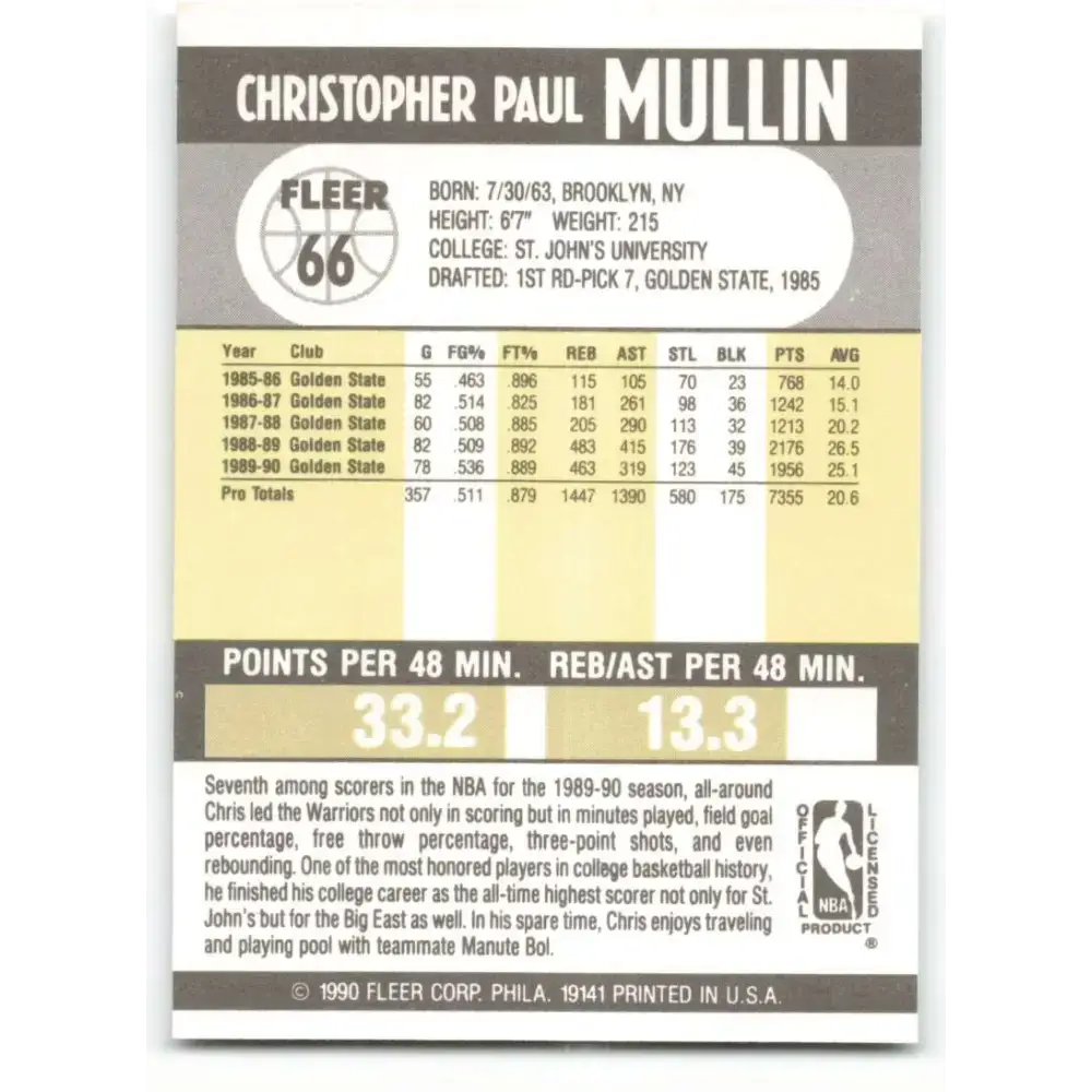 1990-91 Fleer #66 Chris Mullin EX Excellent Golden State Warriors Basketball Card - Basketball Card Single