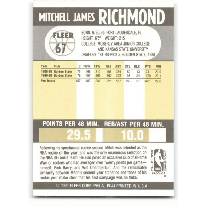 1990-91 Fleer #67 Mitch Richmond EX Excellent Golden State Warriors Basketball Card - Basketball Card Single
