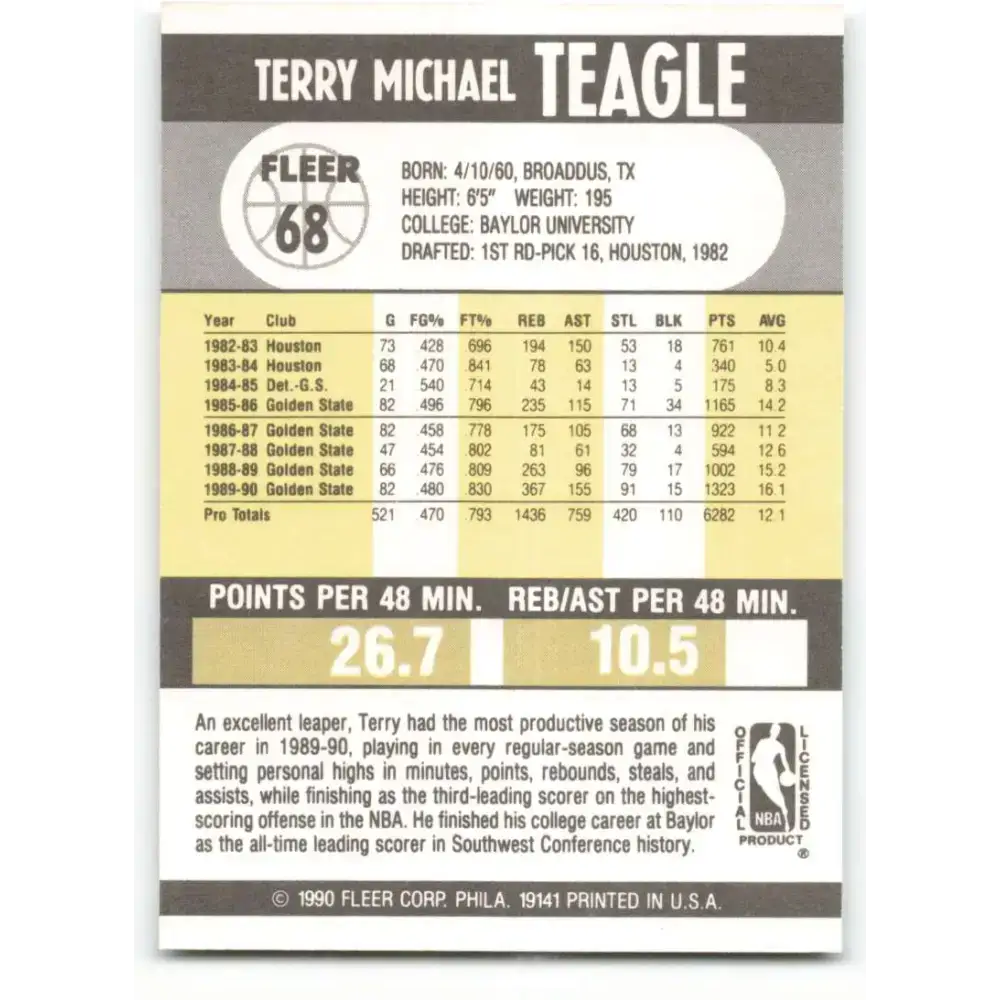 1990-91 Fleer #68 Terry Teagle EX Excellent Golden State Warriors Basketball Card - Basketball Card Single