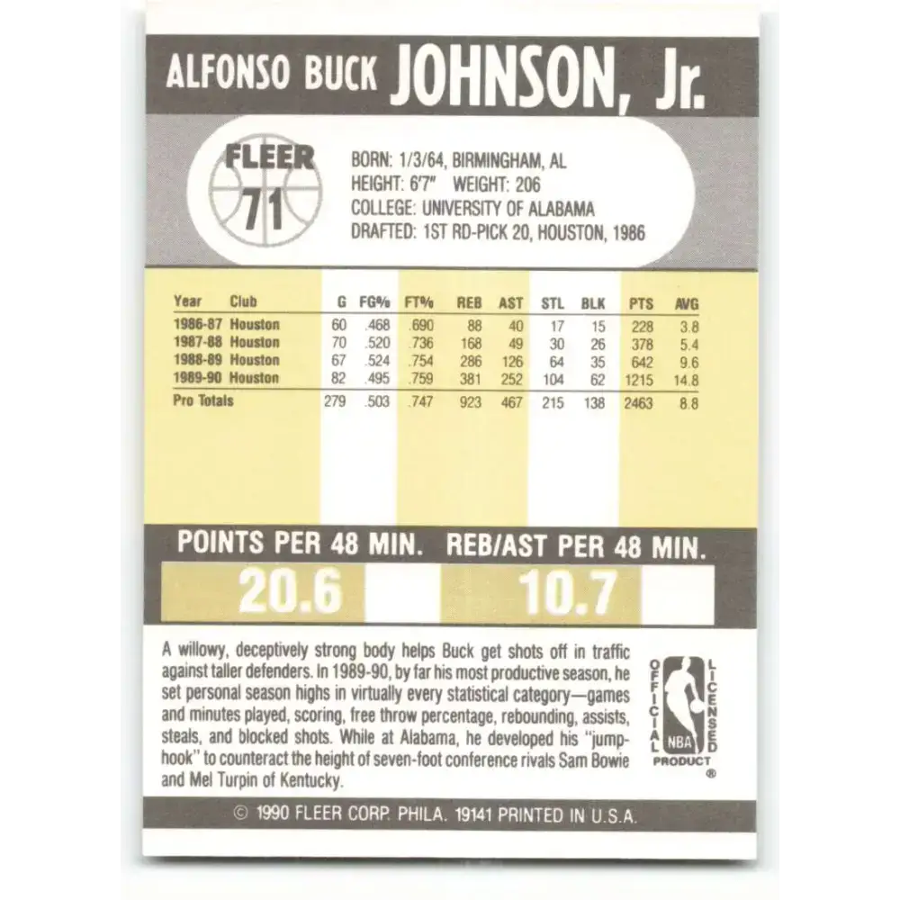 1990-91 Fleer #71 Buck Johnson EX Excellent Houston Rockets Basketball Card - Basketball Card Single