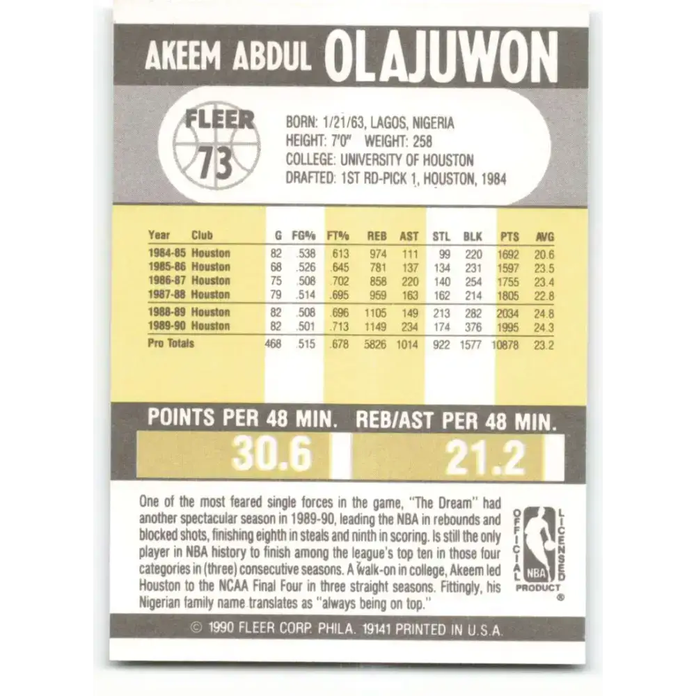 1990-91 Fleer #73 Hakeem Olajuwon EX Excellent Houston Rockets Basketball Card - Basketball Card Single