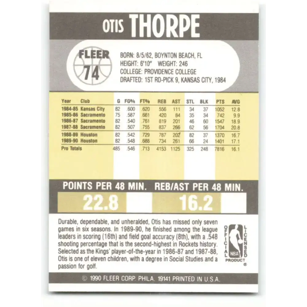 1990-91 Fleer #74 Otis Thorpe EX Excellent Houston Rockets Basketball Card - Basketball Card Single