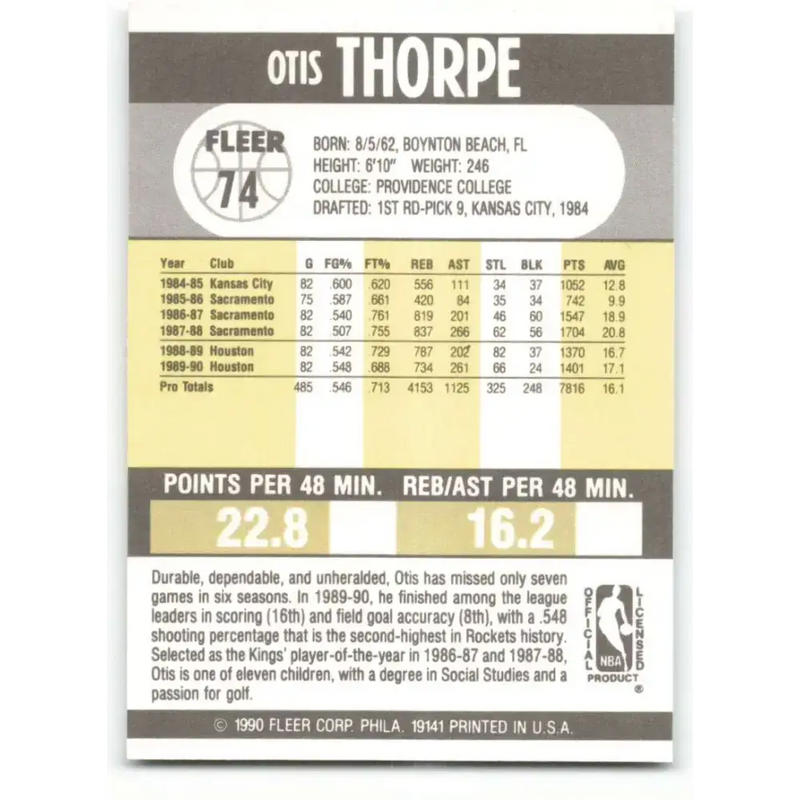 1990-91 Fleer #74 Otis Thorpe EX Excellent Houston Rockets Basketball Card - Basketball Card Single