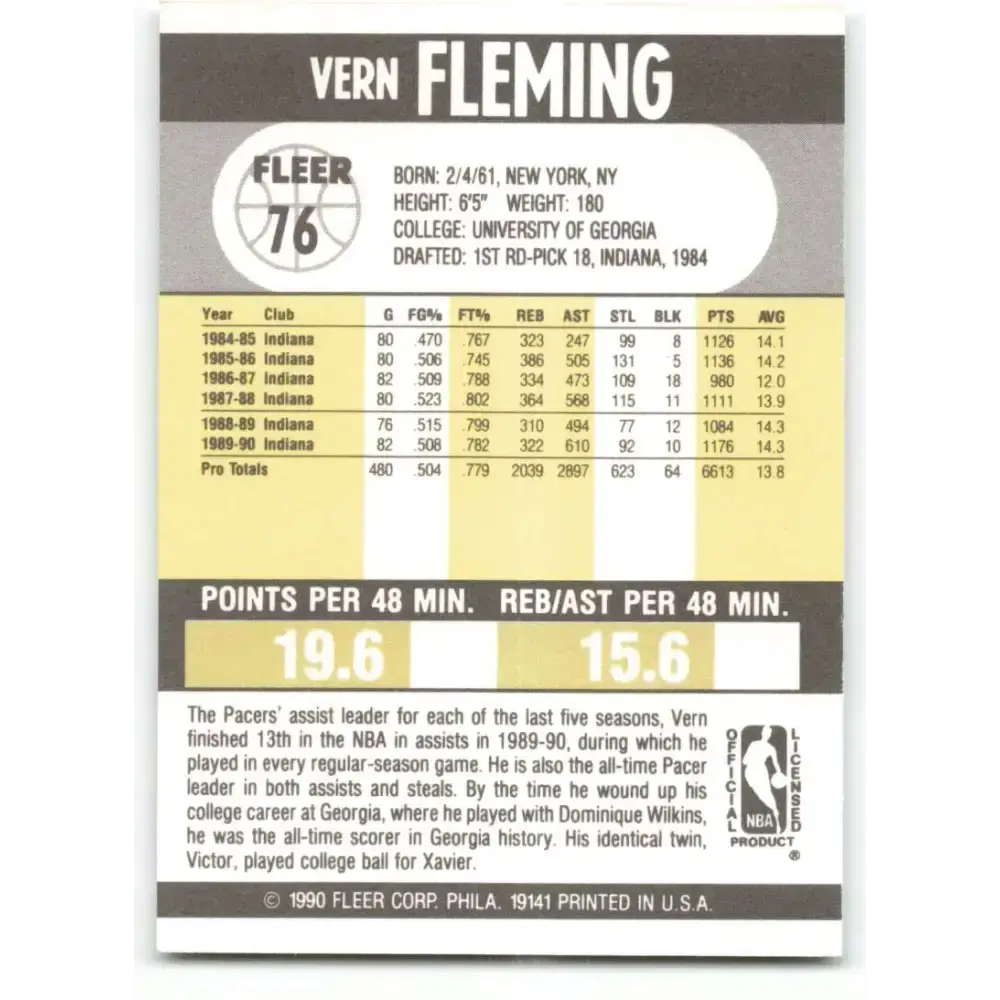 1990-91 Fleer #76 Vern Fleming EX Excellent Indiana Pacers Basketball Card - Basketball Card Single