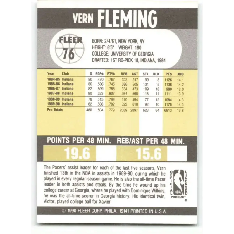 1990-91 Fleer #76 Vern Fleming EX Excellent Indiana Pacers Basketball Card - Basketball Card Single