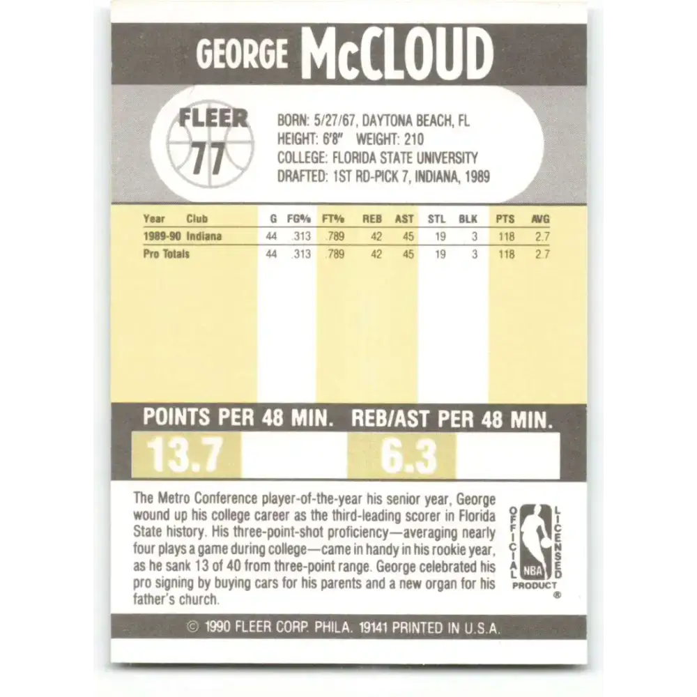 1990-91 Fleer #77 George McCloud EX Excellent RC Rookie Indiana Pacers Basketball Card - Basketball Card Single