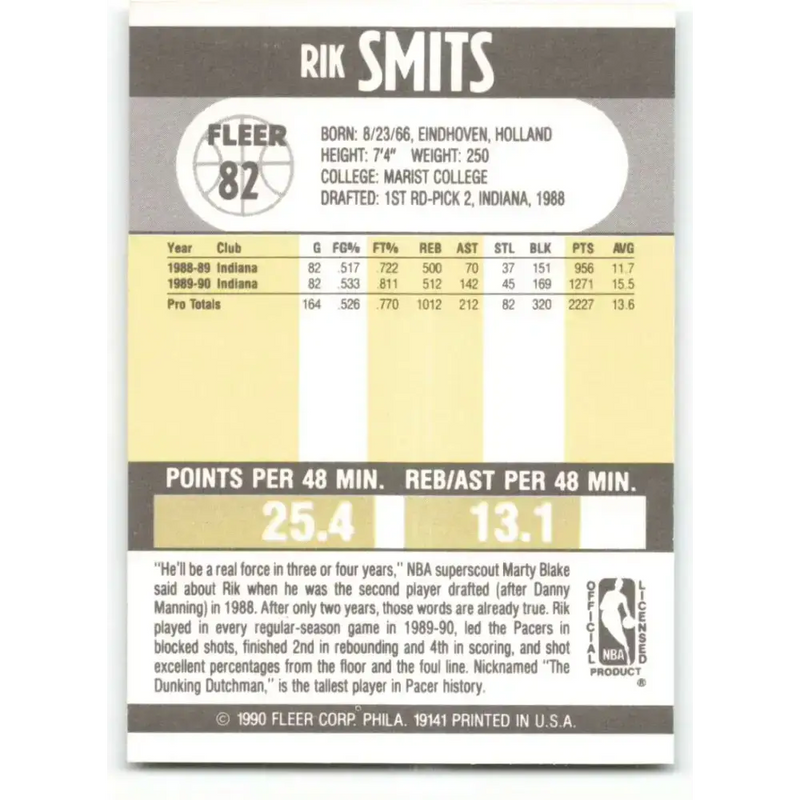 1990-91 Fleer #82 Rik Smits EX Excellent Indiana Pacers Basketball Card - Basketball Card Single