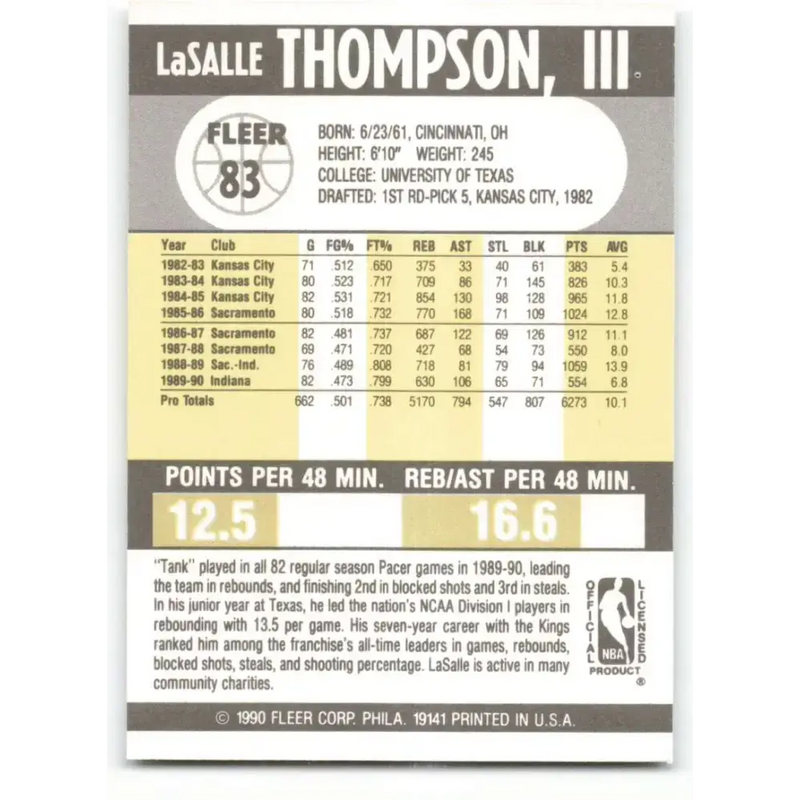 1990-91 Fleer #83 LaSalle Thompson EX Excellent Indiana Pacers Basketball Card - Basketball Card Single