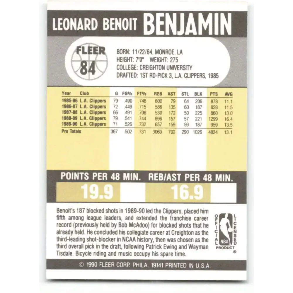 1990-91 Fleer #84 Benoit Benjamin EX Excellent Los Angeles Clippers Basketball Card - Basketball Card Single