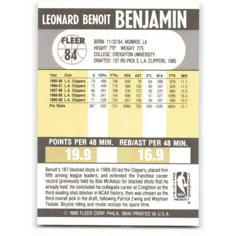 1990-91 Fleer #84 Benoit Benjamin EX Excellent Los Angeles Clippers Basketball Card - Basketball Card Single