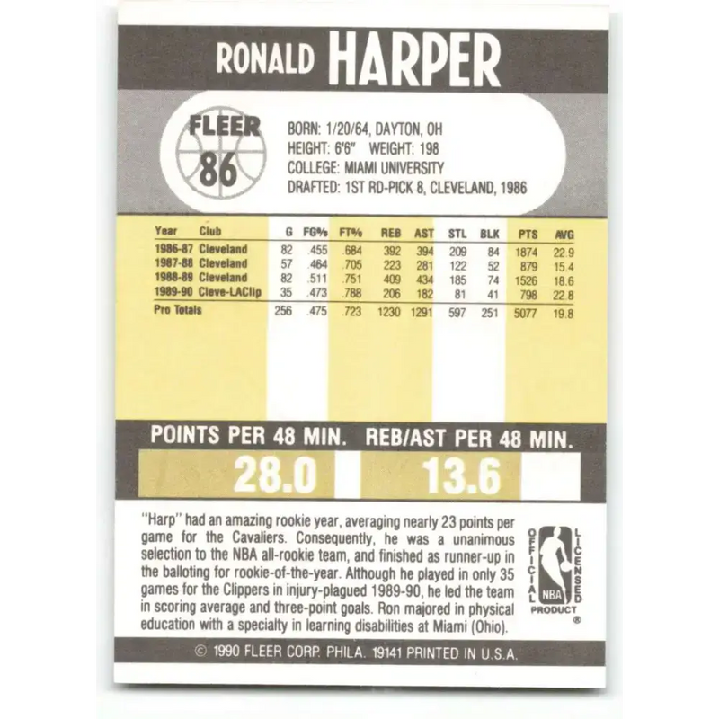 1990-91 Fleer #86 Ron Harper EX Excellent Los Angeles Clippers Basketball Card - Basketball Card Single