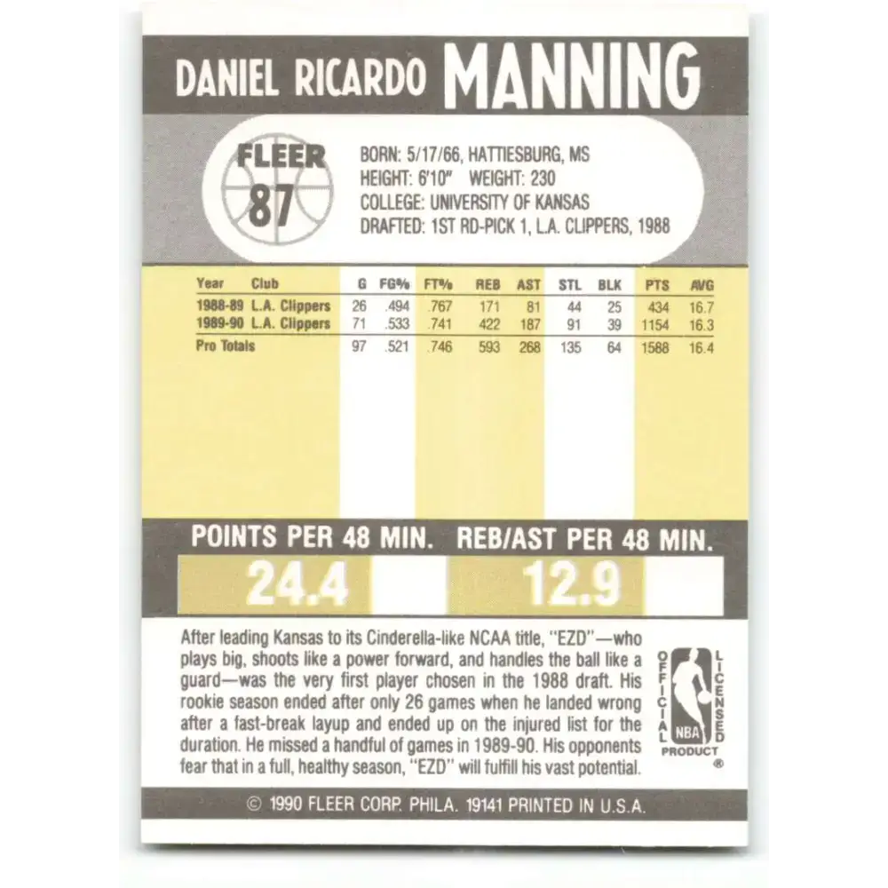 1990-91 Fleer #87 Danny Manning EX Excellent Los Angeles Clippers Basketball Card - Basketball Card Single