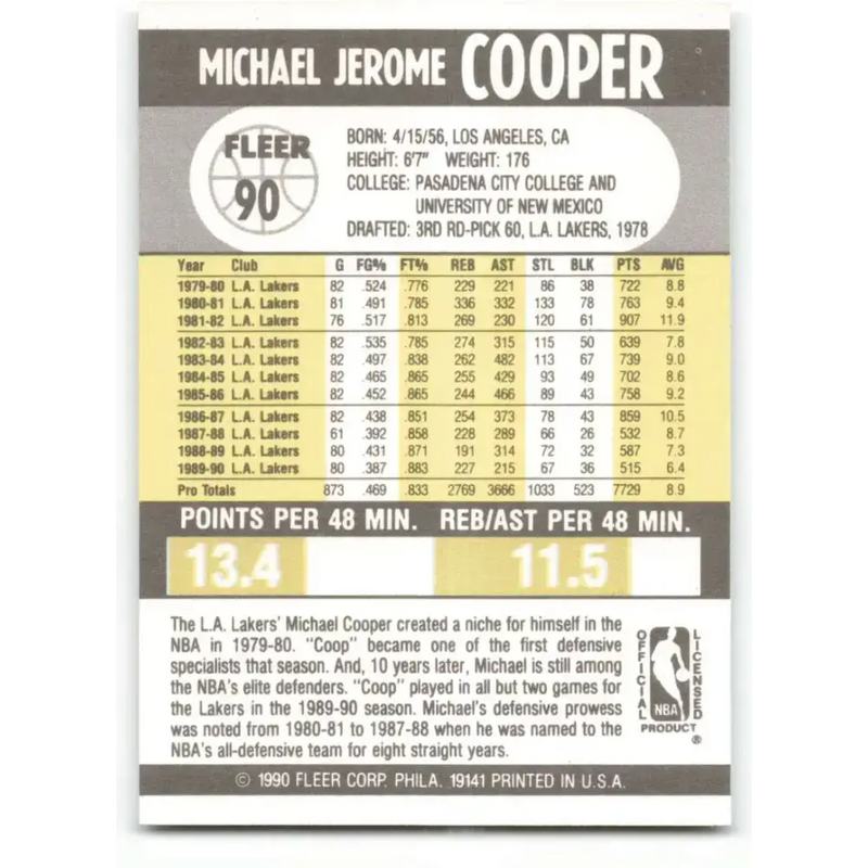 1990-91 Fleer #90 Michael Cooper EX Excellent Los Angeles Lakers Basketball Card - Basketball Card Single