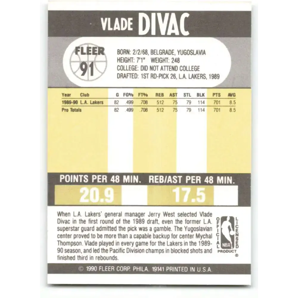 1990-91 Fleer #91 Vlade Divac EX Excellent RC Rookie Los Angeles Lakers Basketball Card - Basketball Card Single