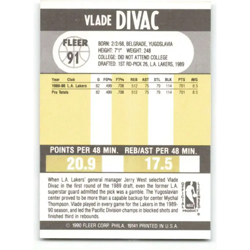 1990-91 Fleer #91 Vlade Divac EX Excellent RC Rookie Los Angeles Lakers Basketball Card - Basketball Card Single