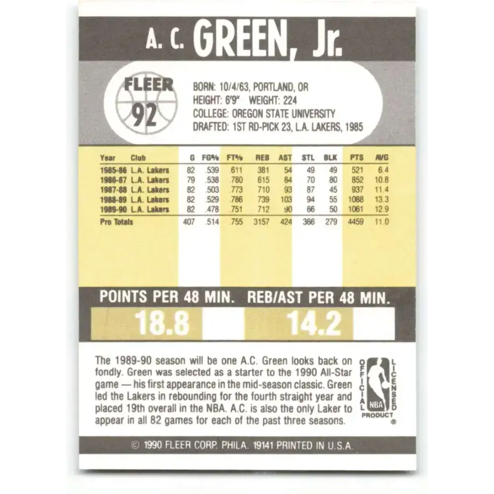 1990-91 Fleer #92 A.C. Green EX Excellent Los Angeles Lakers Basketball Card - Basketball Card Single