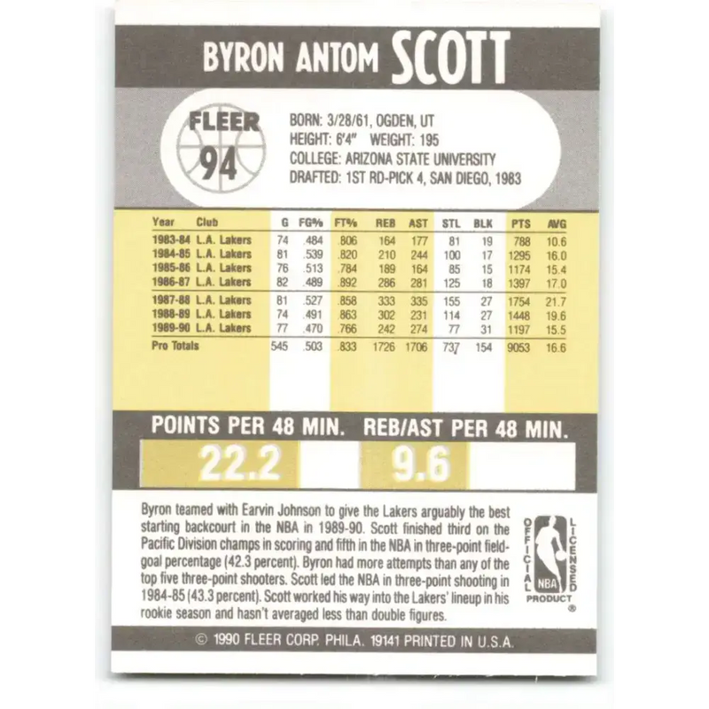 1990-91 Fleer #94 Byron Scott EX Excellent Los Angeles Lakers Basketball Card - Basketball Card Single