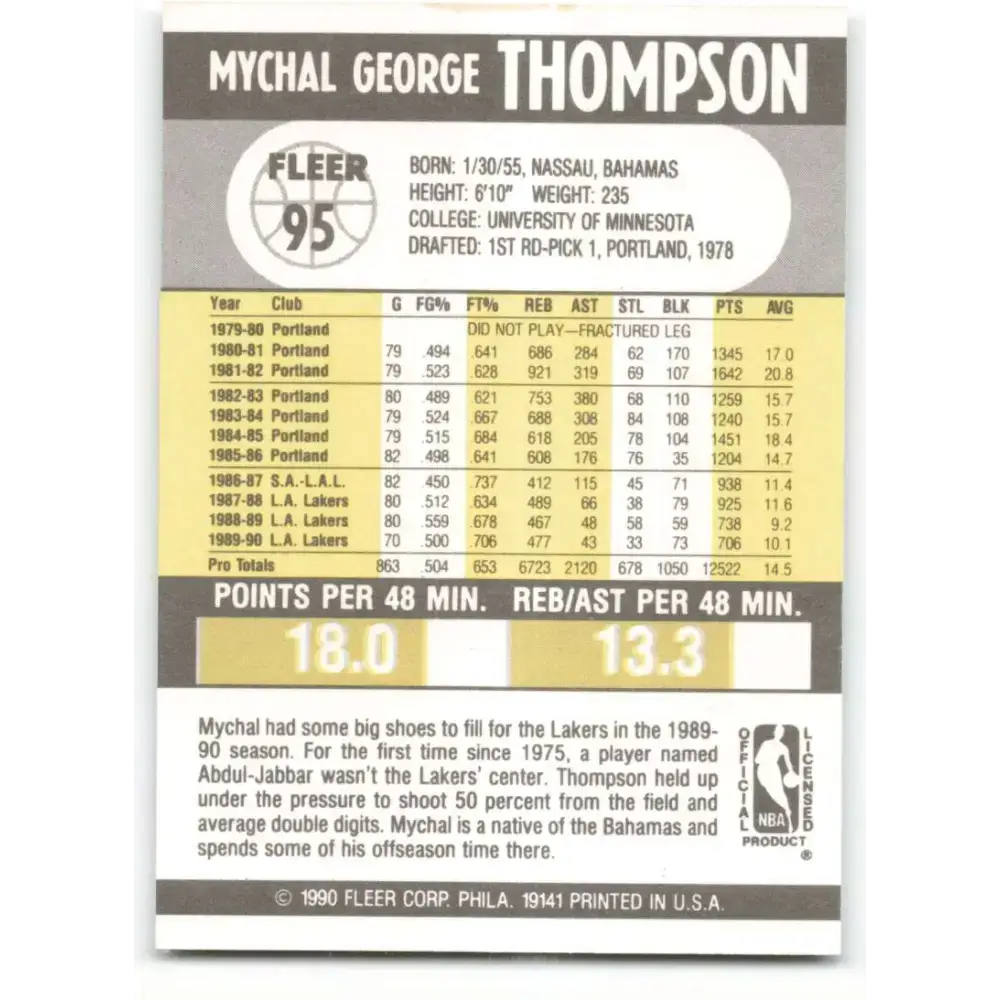 1990-91 Fleer #95 Mychal Thompson EX Excellent Los Angeles Lakers Basketball Card - Basketball Card Single