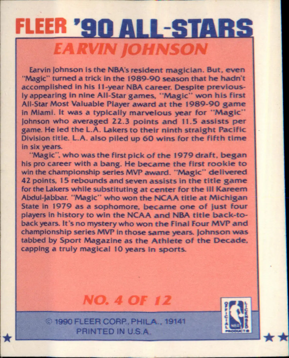 1990-91 Fleer All-Stars #4 Earvin Johnson - Basketball Card Single