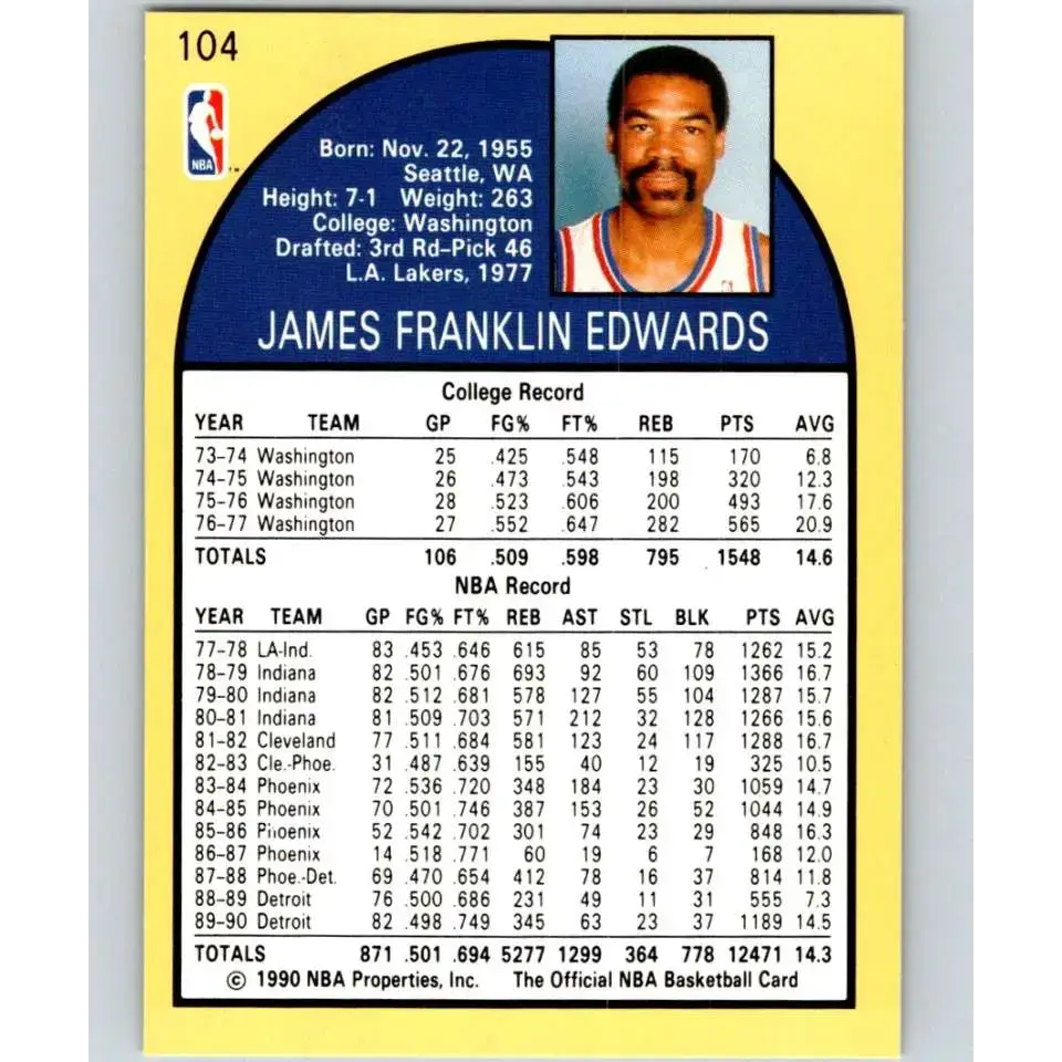 1990-91 Hoops #104 James Edwards NM-MT Detroit Pistons Basketball Card - Basketball Card Single