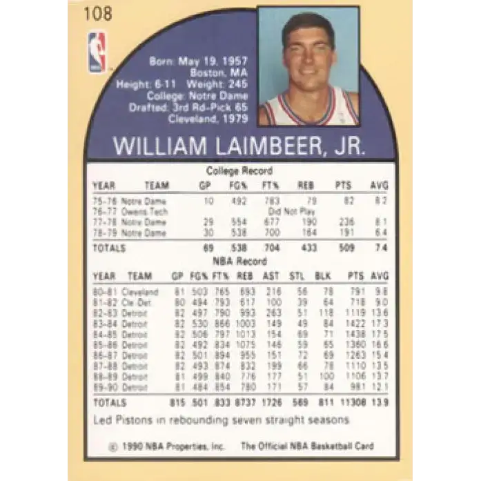 1990-91 Hoops #108 Bill Laimbeer NM-MT Detroit Pistons Basketball Card - Basketball Card Single