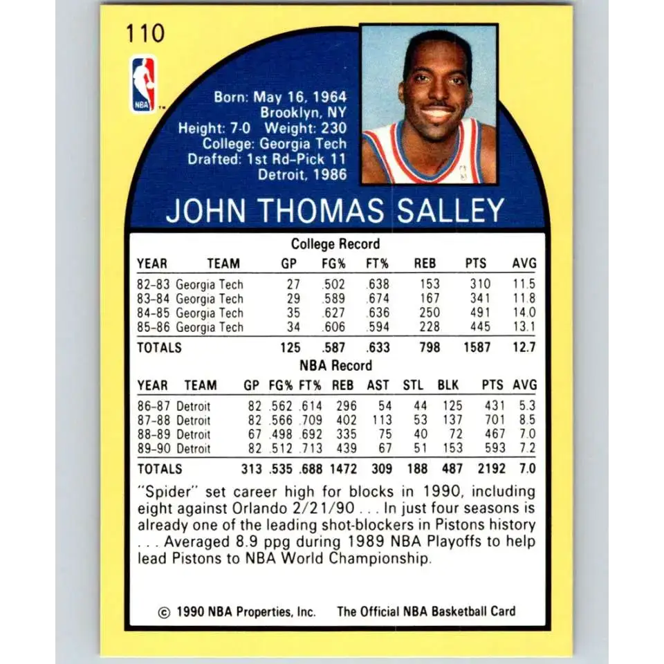 1990-91 Hoops #110 John Salley NM-MT Detroit Pistons Basketball Card - Basketball Card Single