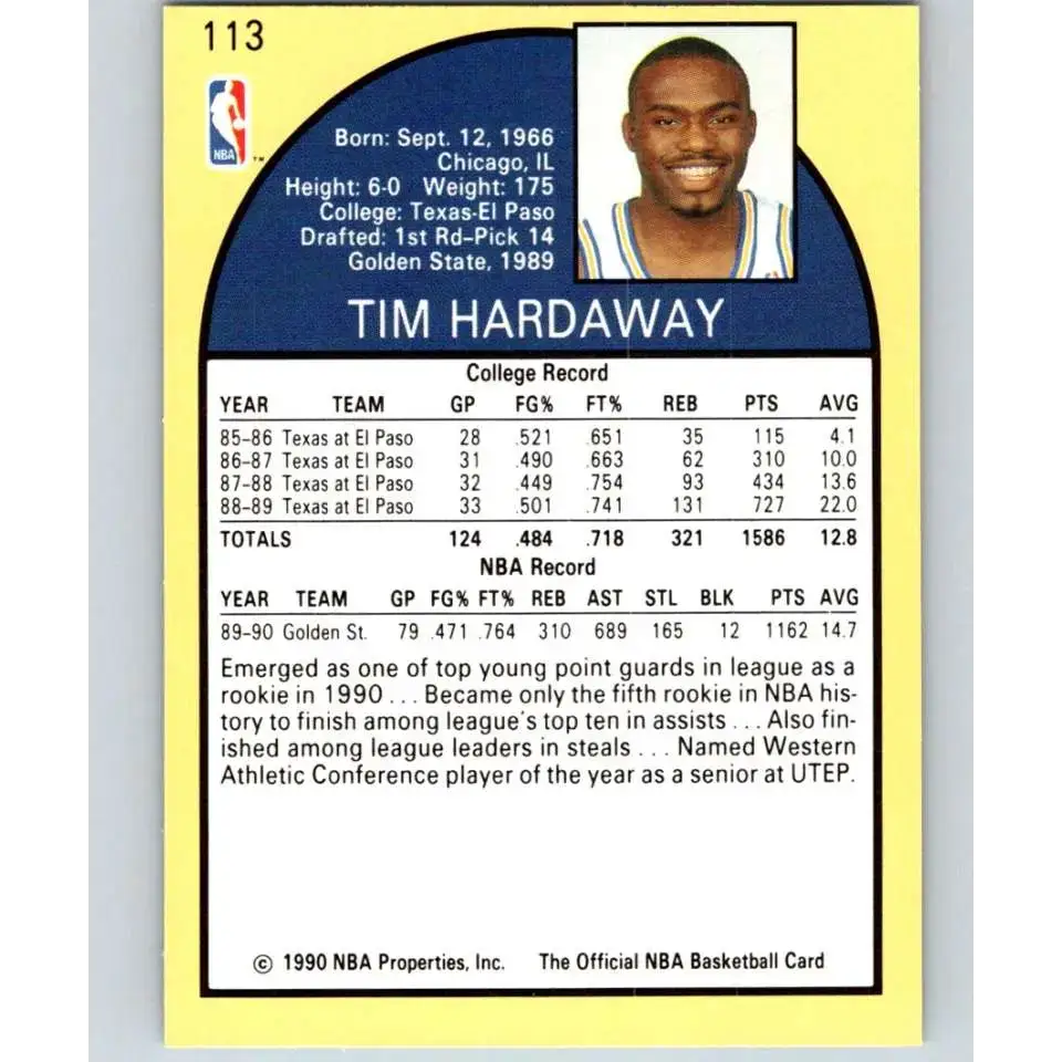 1990-91 Hoops #113 Tim Hardaway NM-MT RC Rookie Golden State Warriors Basketball Card - Basketball Card Single