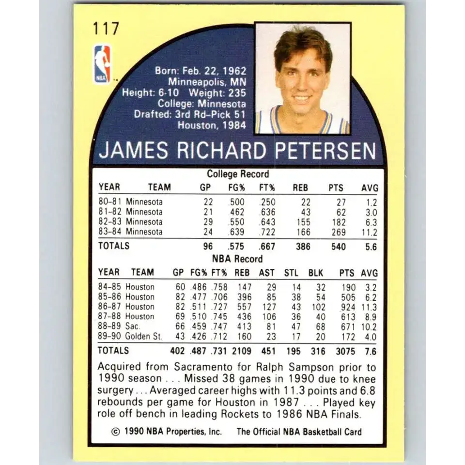 1990-91 Hoops #117 Jim Petersen NM-MT Golden State Warriors Basketball Card - Basketball Card Single