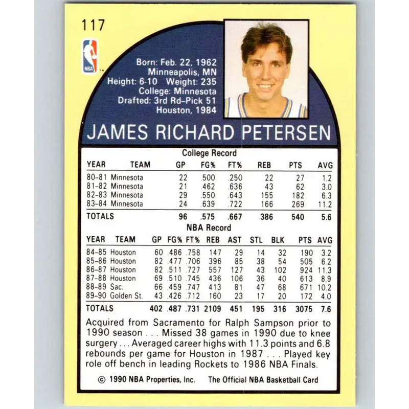 1990-91 Hoops #117 Jim Petersen NM-MT Golden State Warriors Basketball Card - Basketball Card Single