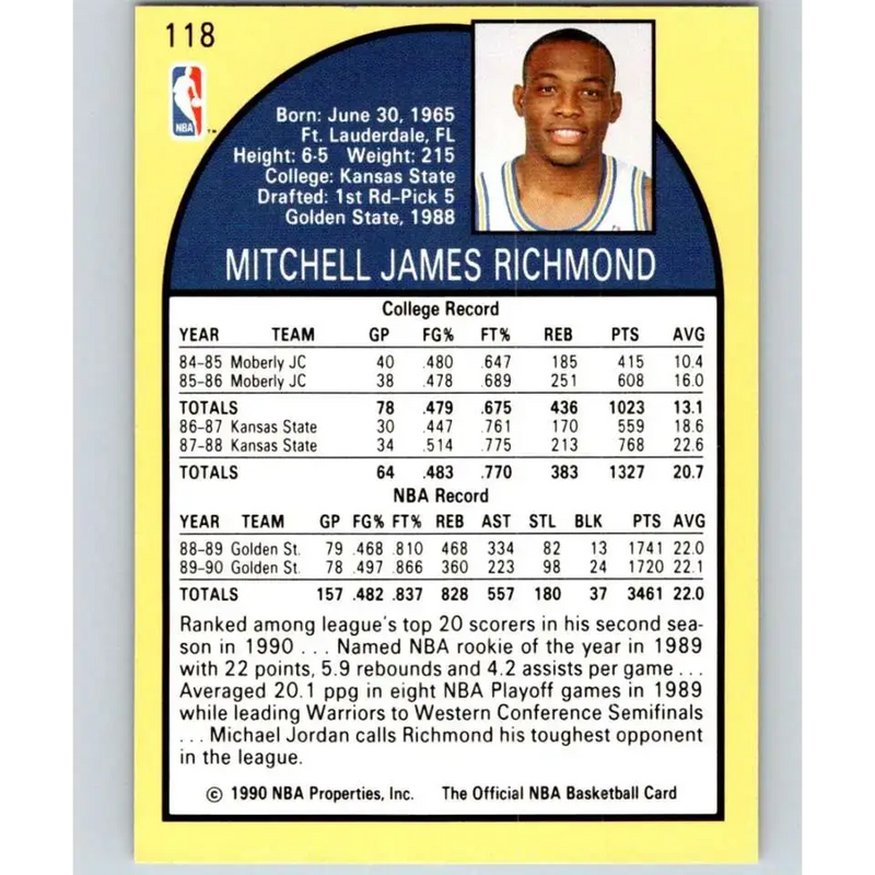 1990-91 Hoops #118 Mitch Richmond NM-MT Golden State Warriors Basketball Card - Basketball Card Single