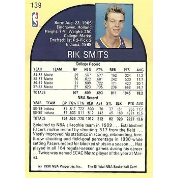 1990-91 Hoops #139 Rik Smits NM-MT Indiana Pacers Basketball Card - Basketball Card Single