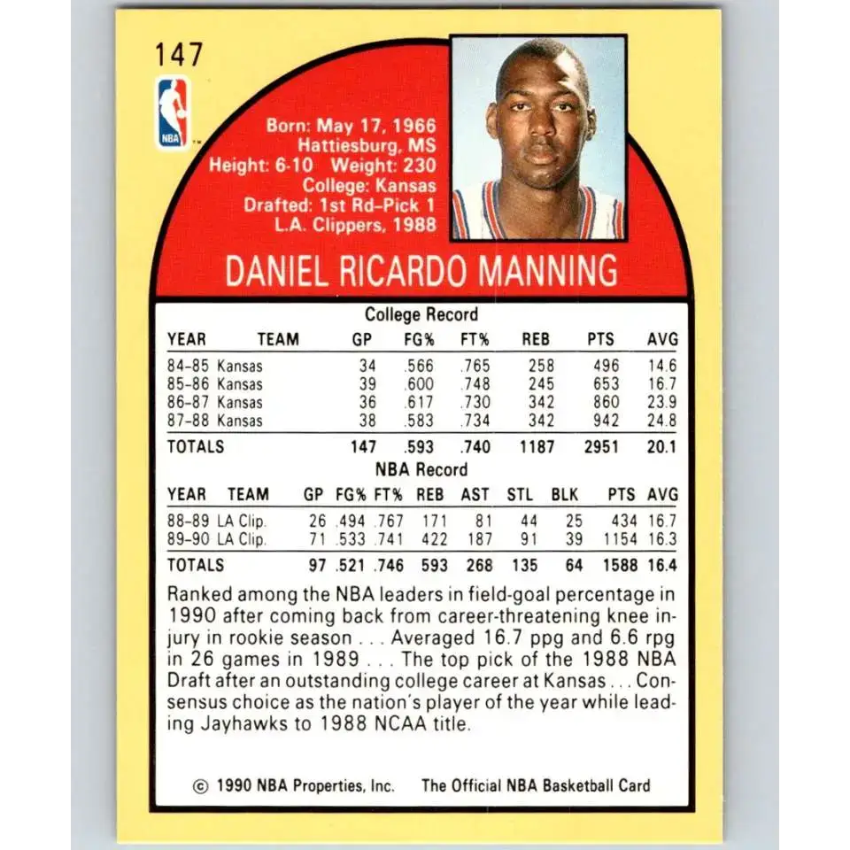 1990-91 Hoops #147 Danny Manning NM-MT Los Angeles Clippers Basketball Card - Basketball Card Single